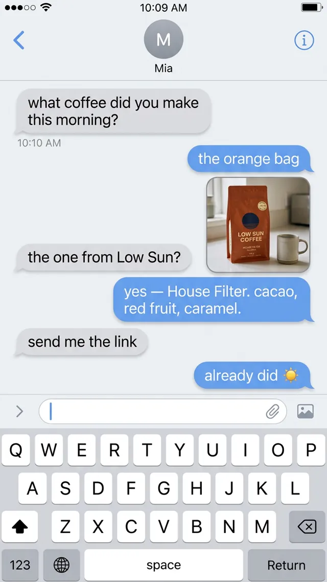 Low Sun Coffee ad as a message conversation