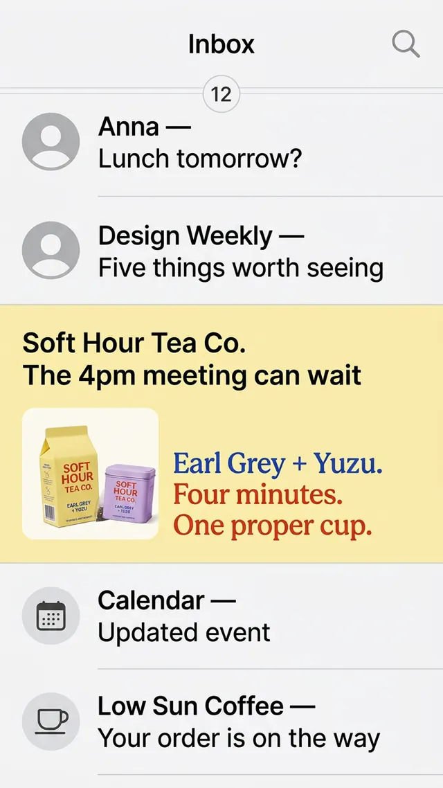 Soft Hour Tea Co. email inbox ad